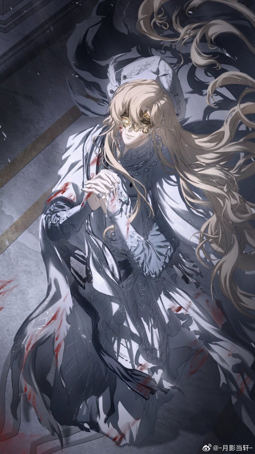 1boy, alkaid_mcgrath, alkaid_mcgrath_(god_forsaken_land), black_sash, blonde_hair, blood, blood_on_clothes, blood_on_face