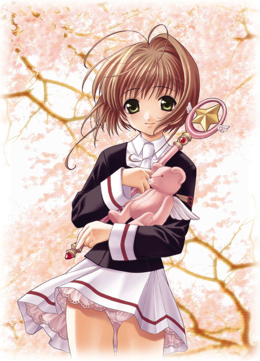 1990s_(style), 1girl, antenna_hair, artist_request, bear, blush, brown_hair, cardcaptor_sakura, cardcaptor_sakura_clear_card_arc, cherry_blossoms, cowboy_shot, female_focus, frills, green_eyes, hoshi_no_tsue, kinomoto_sakura, loli, magical_girl, necktie, panties, pantyshot, petticoat, retro_artstyle, scanlines, school_uniform, serafuku, short_hair, skirt, solo, star_(symbol), stuffed_animal, stuffed_toy, teddy_bear, tomoeda_middle_school_uniform, underwear, upskirt, wand, white_panties, wind, wind_lift, wings, yuuki_mitsuru