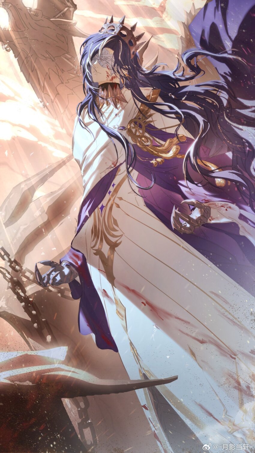 1boy, blood, blood_on_clothes, blood_on_face, blue_hair, chain, clarence_clayden, clarence_clayden_(god_forsaken_land), claws, cloak, closed_mouth, covered_eyes, crown, curtained_hair, dark_blue_hair, dragon, expressionless, feet_out_of_frame, gold_trim, highres, light_particles, light_rays, long_hair, long_sleeves, lovebrush_chronicles, male_focus, multicolored_hair, purple_cloak, robe, solo, standing, streaked_hair, swept_bangs, turtleneck, two-sided_cloak, two-sided_fabric, watermark, wavy_hair, weibo_watermark, white_cloak, white_hair, white_robe, wide_sleeves, yydxueqing