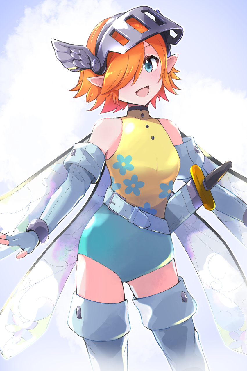 1girl, :d, absurdres, aqua_eyes, bare_shoulders, boots, commentary, cowboy_shot, elbow_gloves, fairy, fairy_wings, fingerless_gloves, fukkatsu_saisei_kaijin, gallica_(metaphor:_refantazio), gloves, hair_over_one_eye, headpiece, highres, leotard, looking_at_viewer, metaphor:_refantazio, open_mouth, orange_hair, sheath, sheathed, short_hair, smile, solo, sword, thigh_boots, weapon, wings