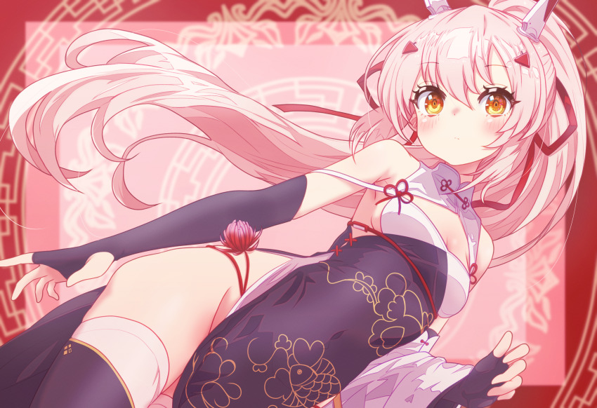 1girl, arbiter1, asymmetrical_sleeves, ayanami_(azur_lane), ayanami_(lunar_demon)_(azur_lane), azur_lane, bare_shoulders, blush, breasts, china_dress, chinese_clothes, cleavage, detached_sleeves, dress, elbow_gloves, gloves, hair_between_eyes, hair_ornament, headgear, high_ponytail, highres, light_brown_hair, long_hair, looking_at_viewer, official_alternate_costume, orange_eyes, panties, pelvic_curtain, ponytail, red_panties, red_ribbon, ribbon, small_breasts, solo, thighhighs, underwear, uneven_sleeves