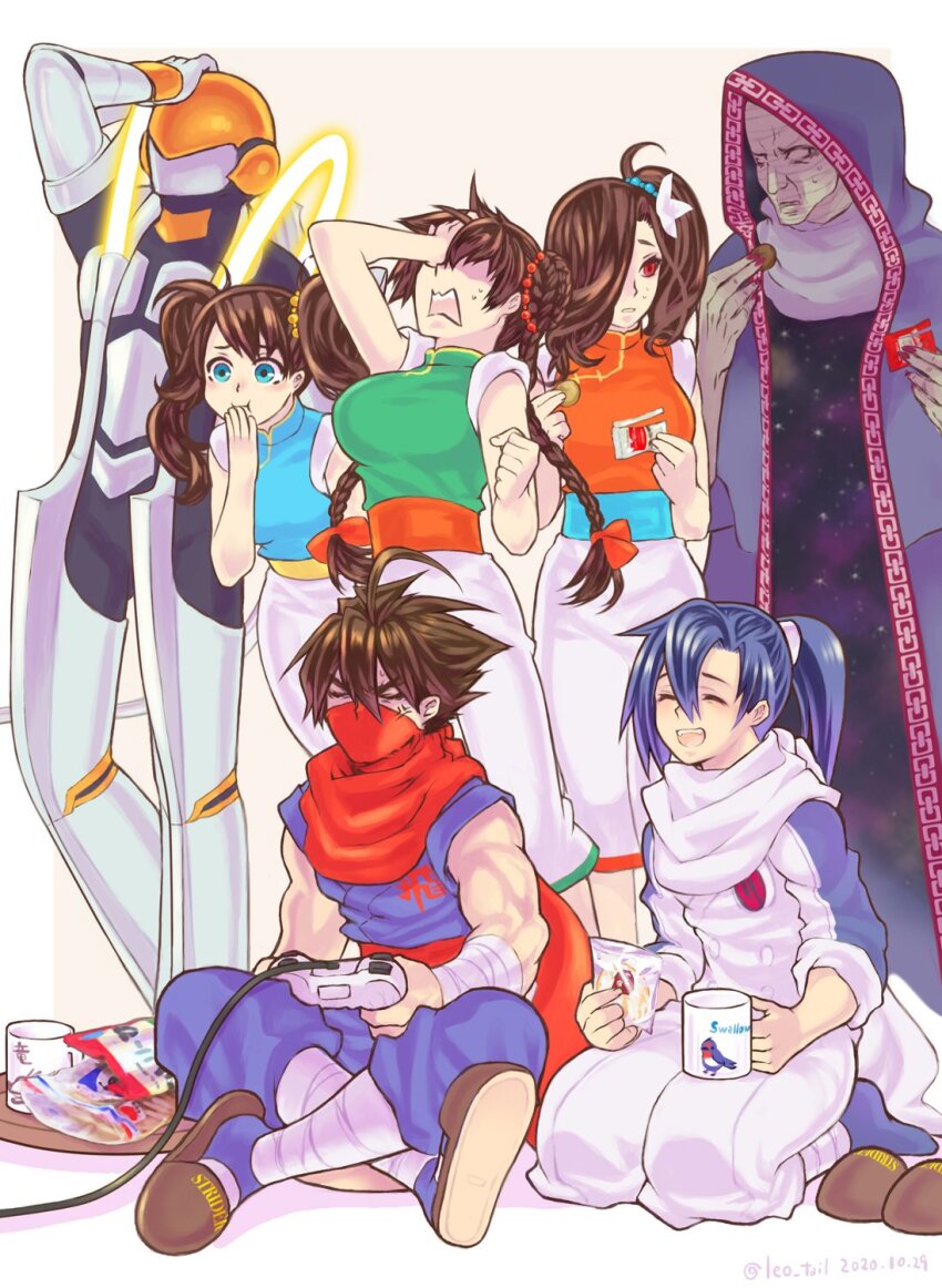 3girls, 4boys, :d, :i, anger_vein, angry, blue_hair, braid