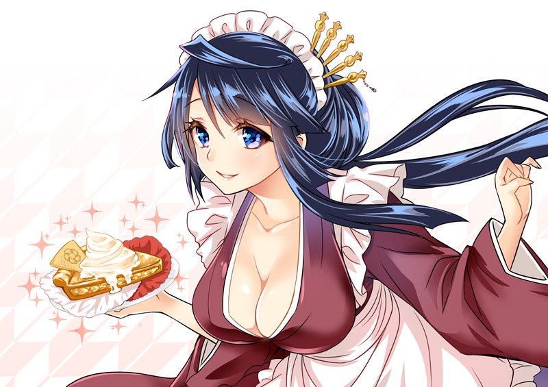 1girl, amagai_yukino, apron, blue_eyes, blue_hair, breasts, cleavage, cowlick