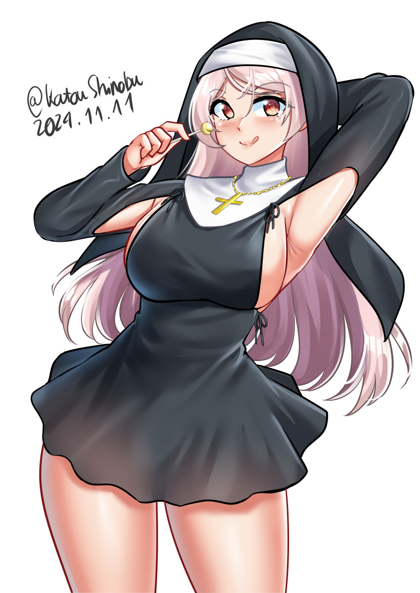 1girl, absurdres, armpit_cutout, black_dress, breasts, brown_eyes, candy, clothing_cutout