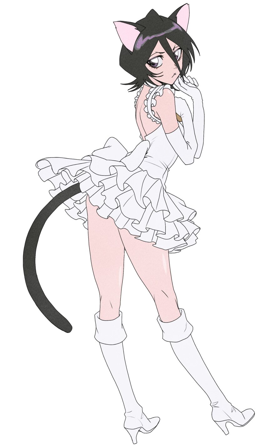 1girl, absurdres, animal_ears, ass, black_hair, bleach, boots, breasts, cat_ears, cat_tail, dress, frilled_dress, frills, full_body, hair_between_eyes, high_heels, highres, kuchiki_rukia, looking_at_viewer, n_(nauki_11), purple_eyes, ribbon, short_hair, simple_background, solo, tail, white_background, white_boots