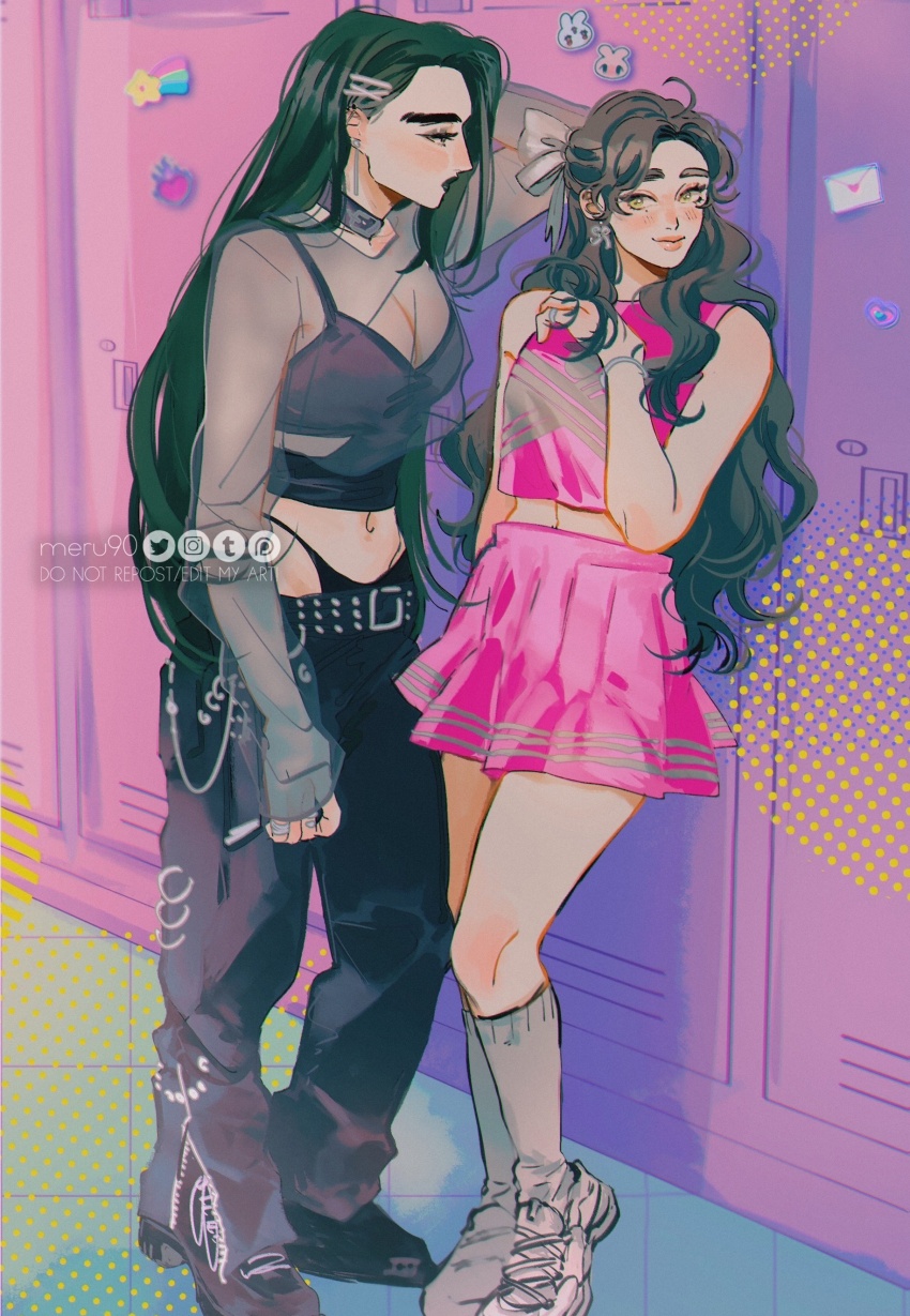 2girls, absurdres, artist_name, belt, black_choker, black_footwear, black_hair, black_lips