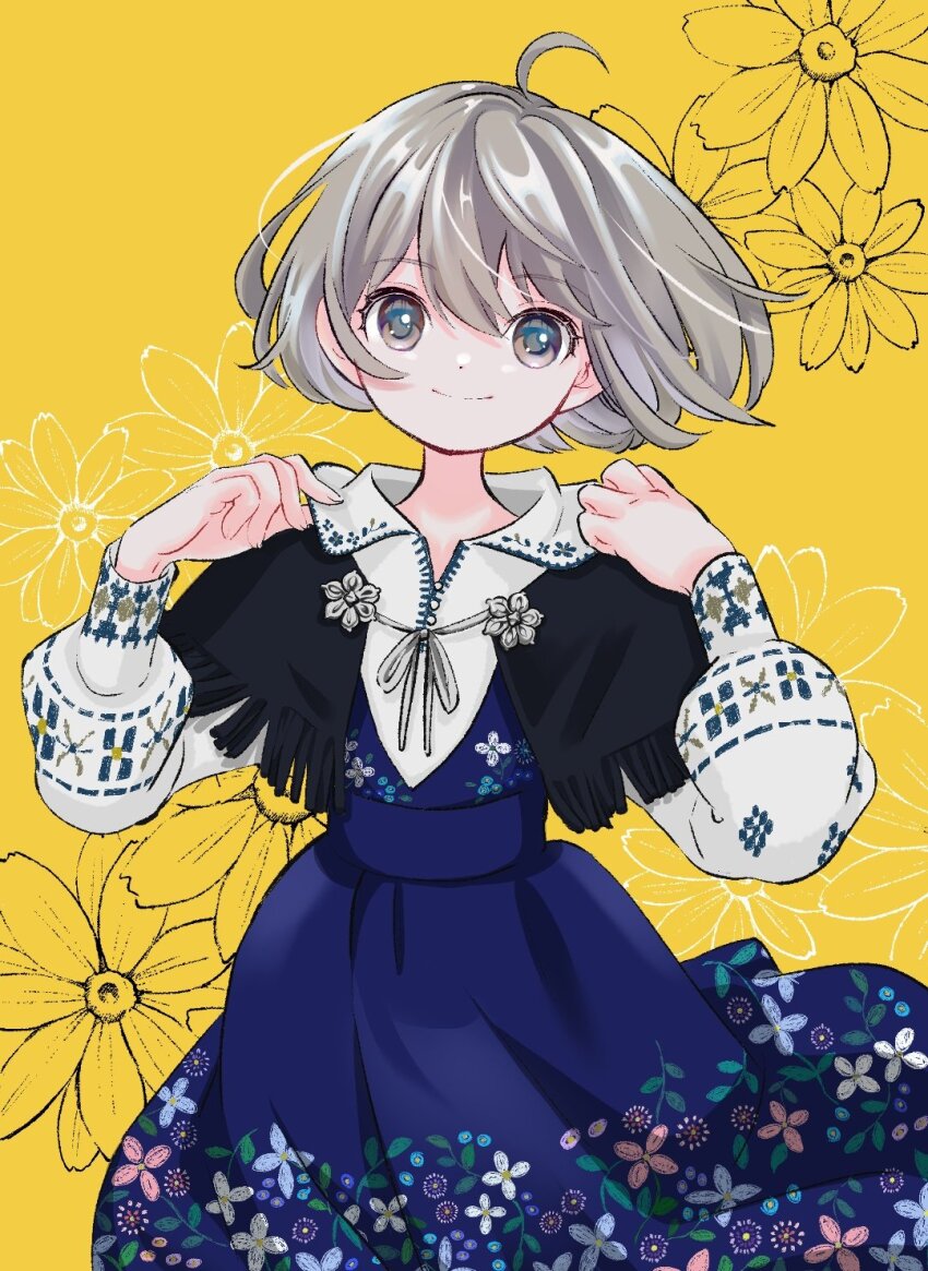 1girl, adjusting_collar, ahoge, black_shawl, blue_dress, closed_mouth, commentary, dress