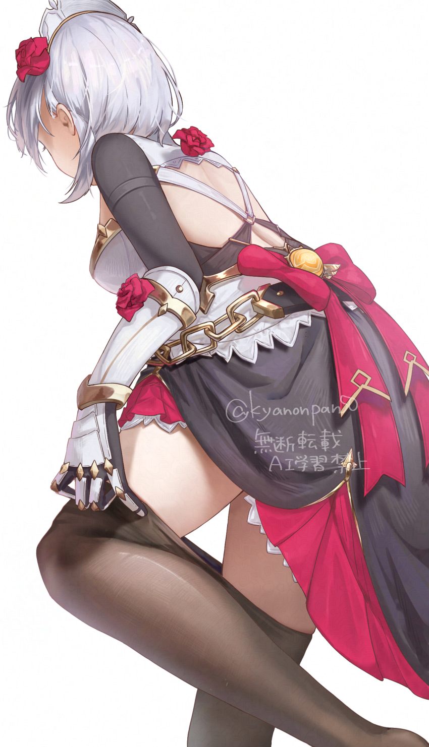 1girl, absurdres, adversarial_noise, armor, armored_dress, black_pantyhose, boobplate, breastplate, breasts, clothes_pull, cowboy_shot, dress, flower, from_behind, gauntlets, genshin_impact, grey_hair, hair_flower, hair_ornament, highres, kyanonpan50, leg_up, maid_headdress, median_furrow, medium_breasts, noelle_(genshin_impact), pantyhose, pantyhose_pull, red_flower, red_rose, rose, short_hair, simple_background, solo, white_background