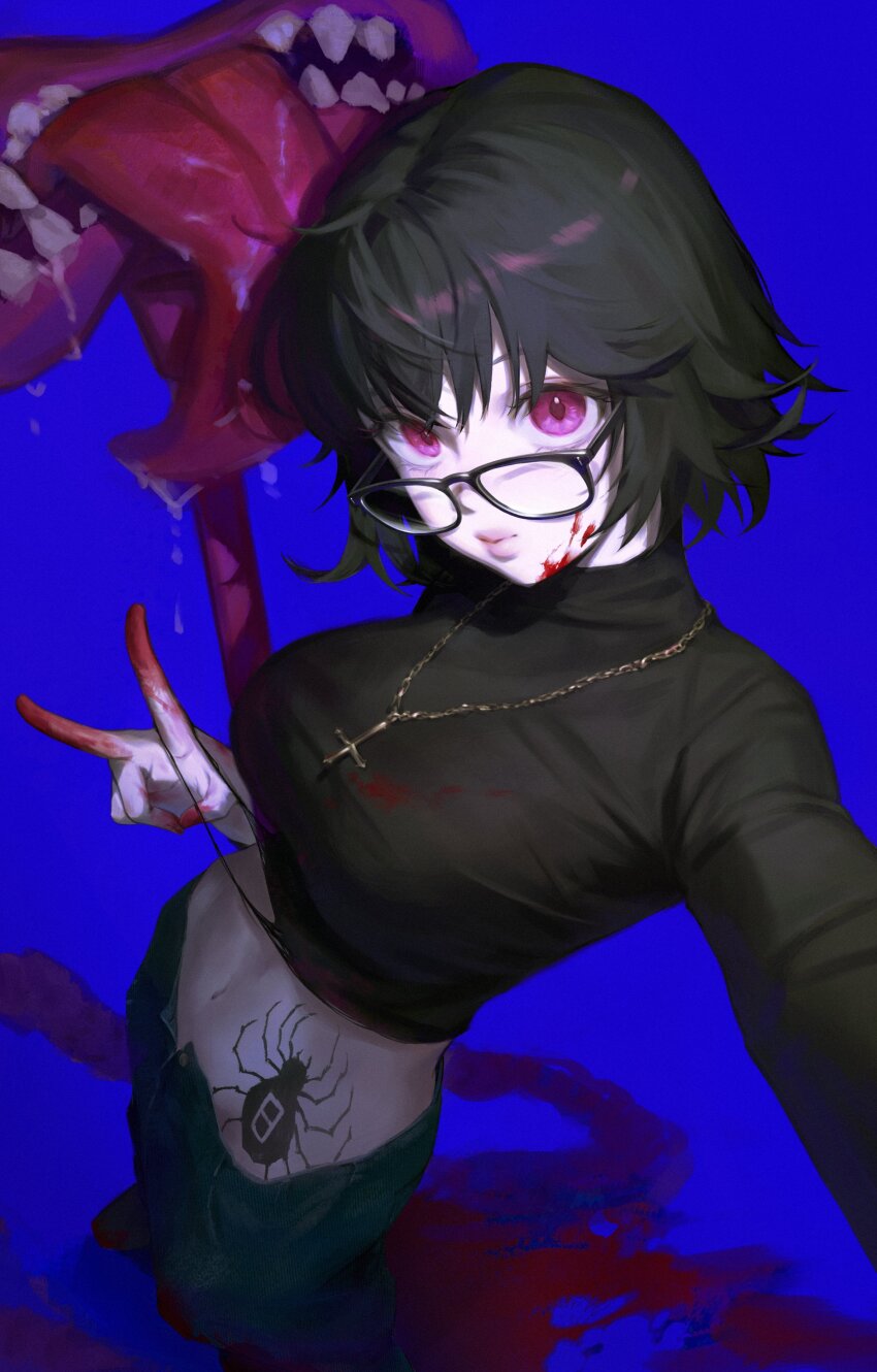 1girl, absurdres, black_hair, black_sweater, blood, blood_on_clothes, blood_on_face, blood_on_ground