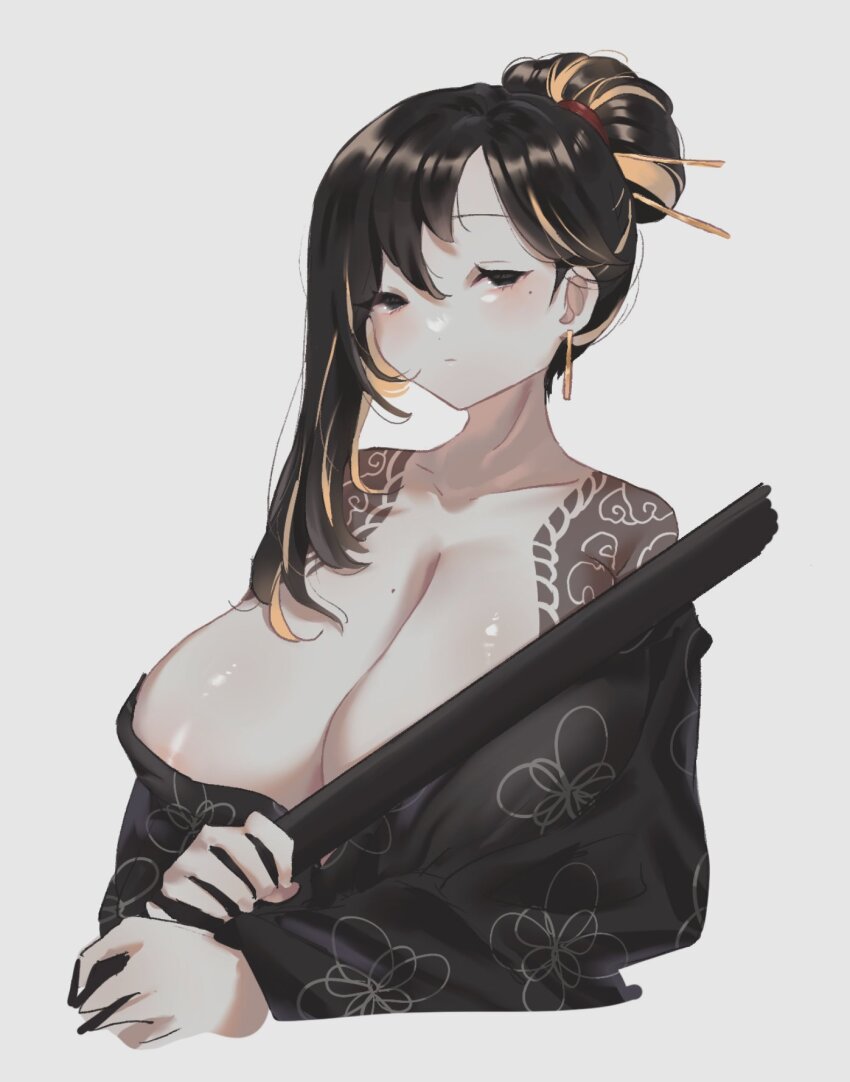 1girl, alternate_costume, areola_slip, asymmetrical_bangs, binah_(project_moon), black_eyes, black_hair, black_kimono