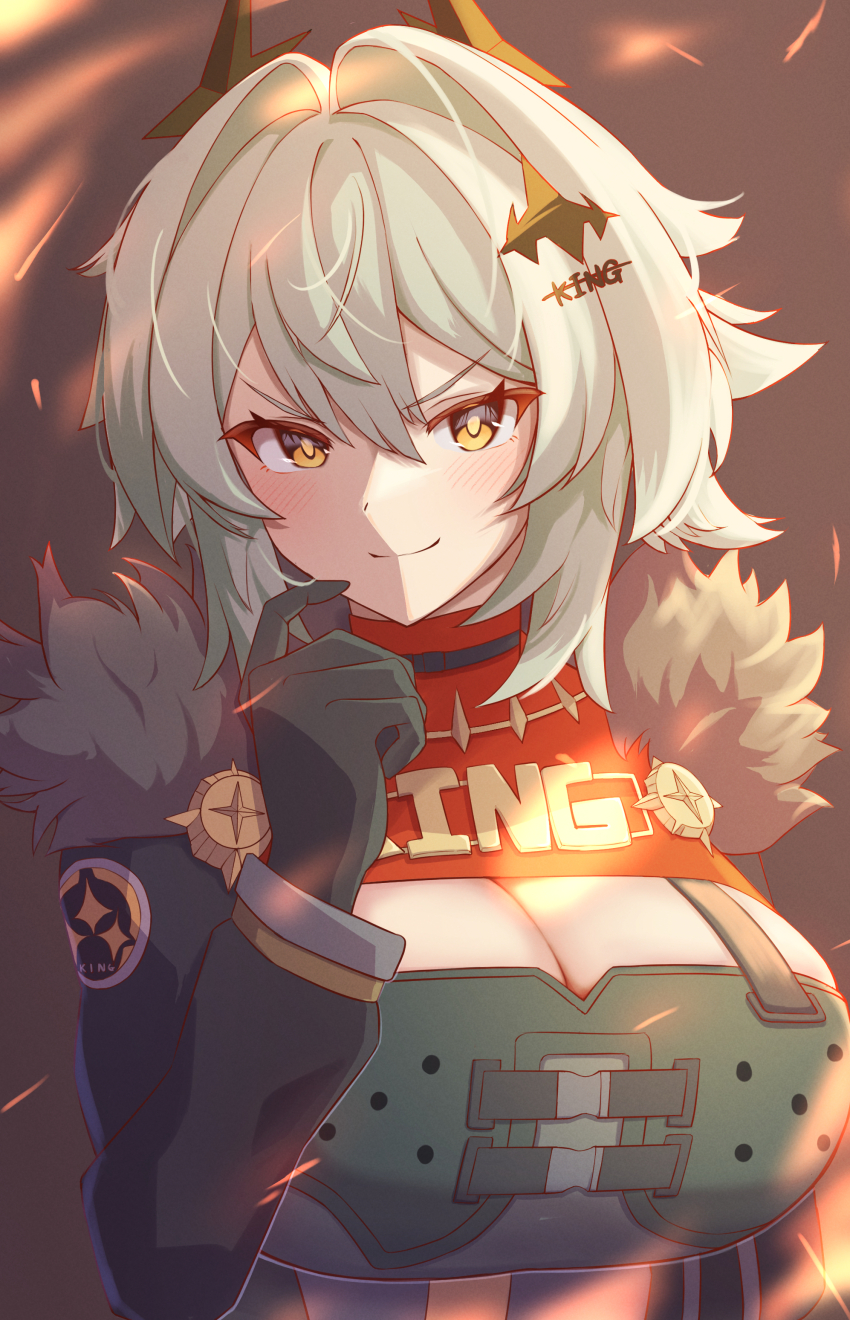 1girl, absurdres, black_gloves, breasts, brown_eyes, caesar_king_(zenless_zone_zero), cleavage, finger_to_cheek