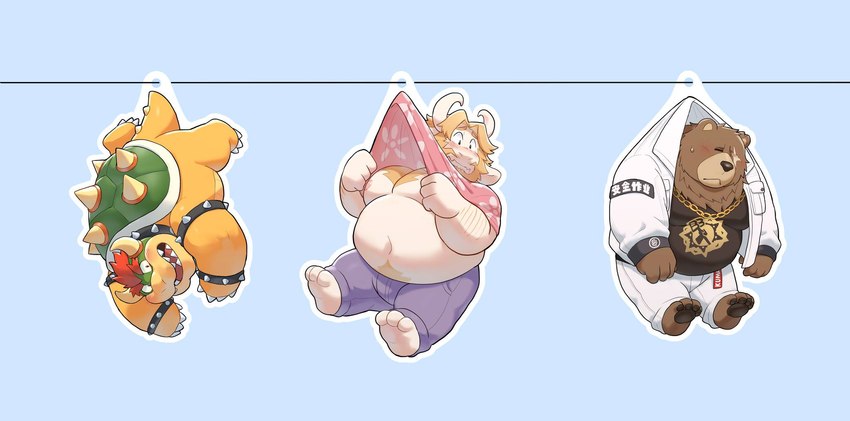 3boys, animal_ears, arm_hair, armlet, asgore_dreemurr, bara, barefoot, bear_boy, bear_ears, beard, belly, ben_bigger, black_tank_top, blonde_hair, bowser, bracelet, brown_fur, chain, chain_necklace, chest_hair, chibi, chibi_only, claws, closed_mouth, clothes_lift, clothesline, collar, deltarune, demon_horns, dogoronumber3, dragon_boy, facial_hair, fang, fangs, fat, fat_man, floppy_ears, furry, furry_male, goat_boy, grey_pants, hanging_from_clothesline, horns, jacket, jewelry, looking_down, male_focus, mario_(series), multiple_boys, necklace, nintendo, obese, one_eye_closed, open_mouth, pants, pawpads, pectoral_cleavage, pectorals, pink_shirt, product_placement, red_hair, scar, scar_across_eye, scar_on_face, shirt, shirt_lift, skin_fang, spiked_armlet, spiked_bracelet, spiked_collar, spiked_shell, spiked_tail, spikes, surprised, sweatdrop, tail, tank_top, undertale, upside-down, utdr_(toby_fox), white_jacket, white_pants, wide-eyed, yellow_scales, zenless_zone_zero