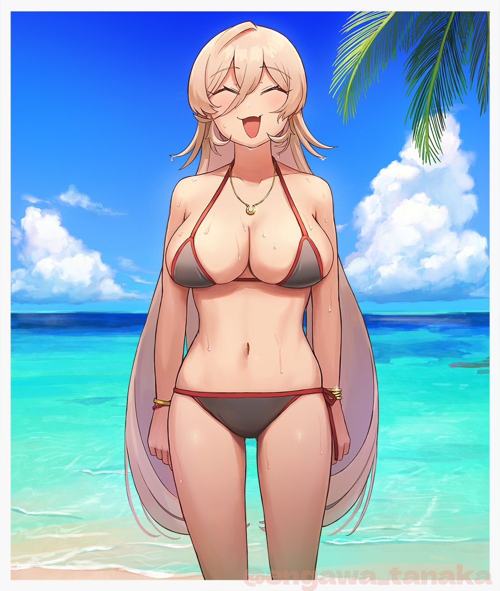 1girl, beach, bikini, black_bikini, blonde_hair, blue_sky, border, bracelet