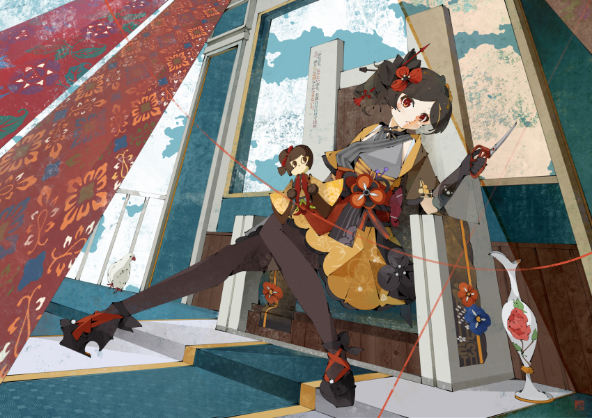 absurdres, black_hair, brown_hair, character_doll, chiori_(genshin_impact), doll, fence, from_below, full_body, genshin_impact, hair_ornament, highres, japanese_clothes, kanzashi, long_hair, nioronggo, obi, on_throne, pantyhose, qixie, red_eyes, sash, sitting, skinny, tamoto_(genshin_impact), throne, vase