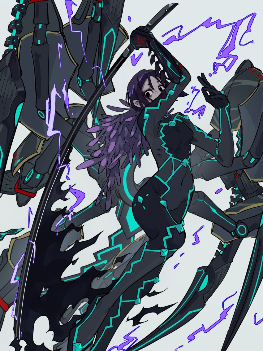 1girl, armor, black_armor, black_bodysuit, black_hair, blunt_ends, bob_cut, bodysuit