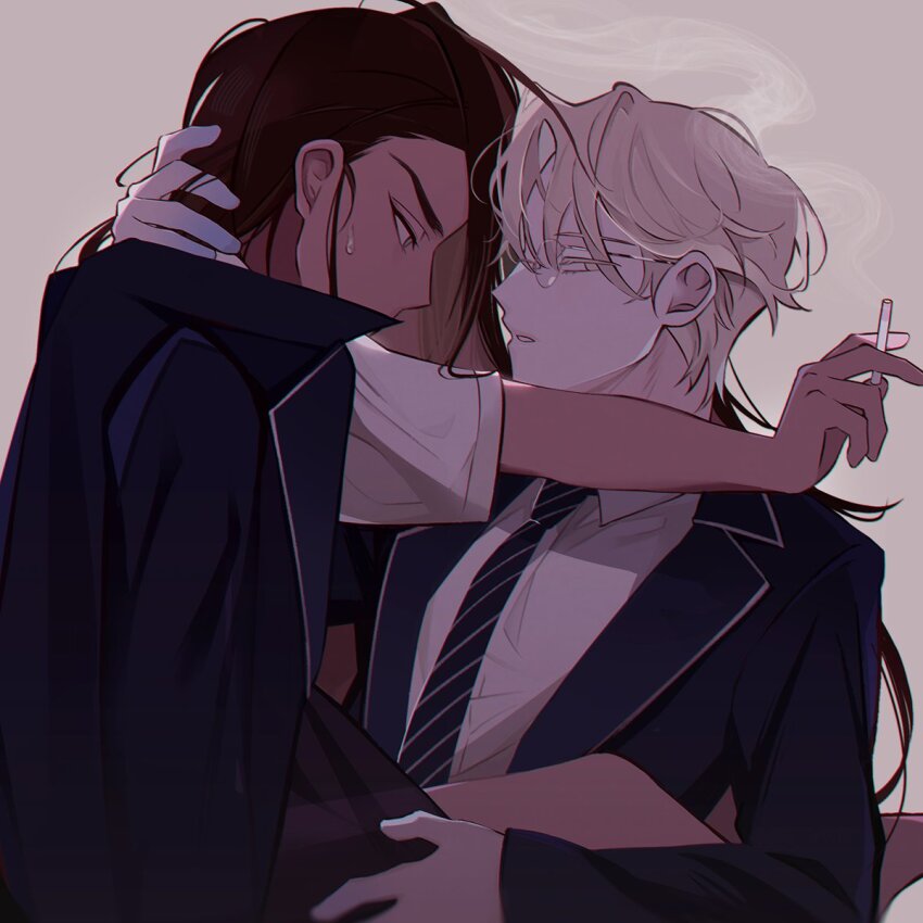 1boy, 1girl, alien_stage, black_coat, black_necktie, blonde_hair, brown_hair, cigarette