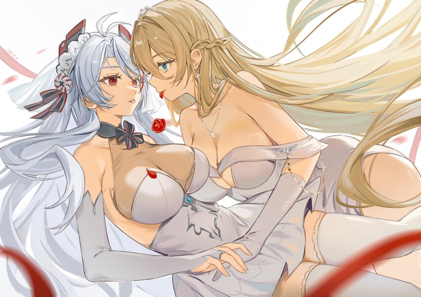 2girls, absurdly_long_hair, antenna_hair, ariko_(aaaaarik), azur_lane, bare_shoulders, bismarck_(azur_lane), bismarck_(wedding_dominion)_(azur_lane)