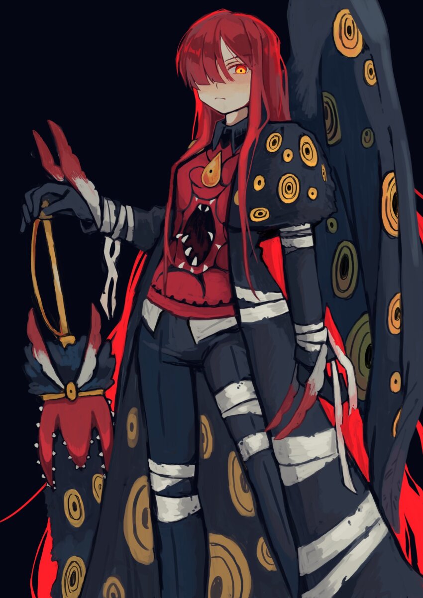 1girl, arm_at_side, bandaged_arm, bandaged_leg, bandages, bandages_over_clothes, black_background, black_coat