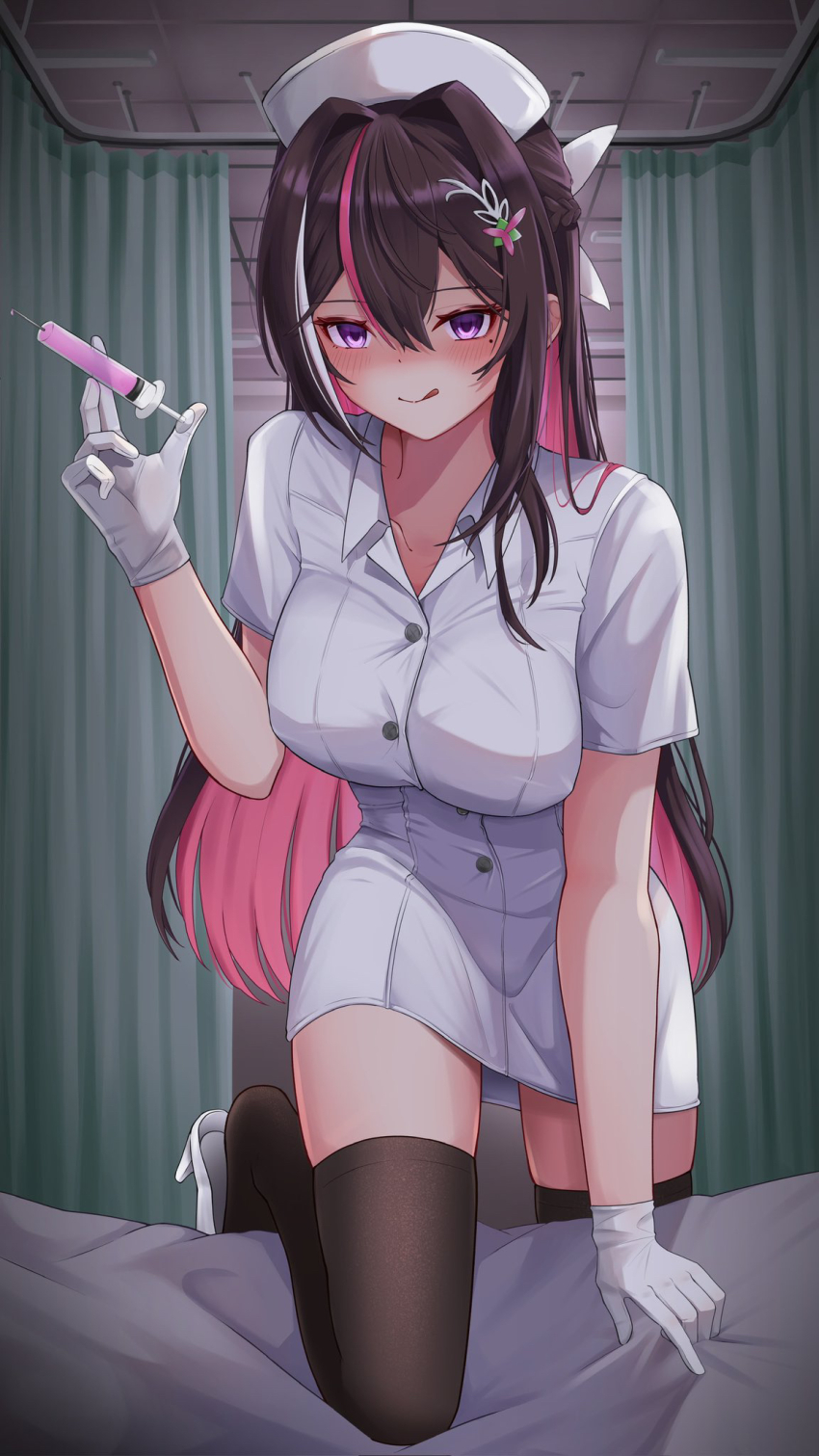 1girl, :q, alternate_costume, azki_(hololive), bed_sheet, black_thighhighs, blush, braid, breasts, brown_hair, closed_mouth, colored_inner_hair, commentary_request, curtains, double-parted_bangs, dress, gloves, hair_between_eyes, hair_intakes, hair_ornament, hairpin, hat, high_heels, highres, hiiragi_melt, holding, holding_syringe, hololive, indoors, large_breasts, latex, latex_gloves, leg_up, long_hair, looking_at_viewer, looking_back, mole, mole_under_eye, multicolored_hair, nurse, nurse_cap, pink_hair, purple_eyes, shaded_face, shoe_dangle, short_sleeves, single_sidelock, smile, solo, streaked_hair, syringe, thighhighs, tongue, tongue_out, very_long_hair, virtual_youtuber, white_dress, white_footwear, white_gloves, white_hair, yandere, zettai_ryouiki