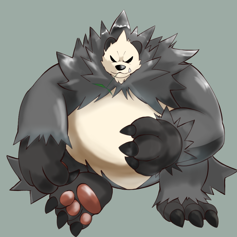 1boy, 96_gatefield, animal_ears, bara, black_sclera, claws, colored_sclera, commentary_request, fang, furrowed_brow, furry, furry_male, gen_6_pokemon, green_background, large_feet, large_hands, leaf_in_mouth, looking_at_viewer, male_focus, nintendo, panda_boy, panda_ears, pangoro, pawpads, pokemon, sitting