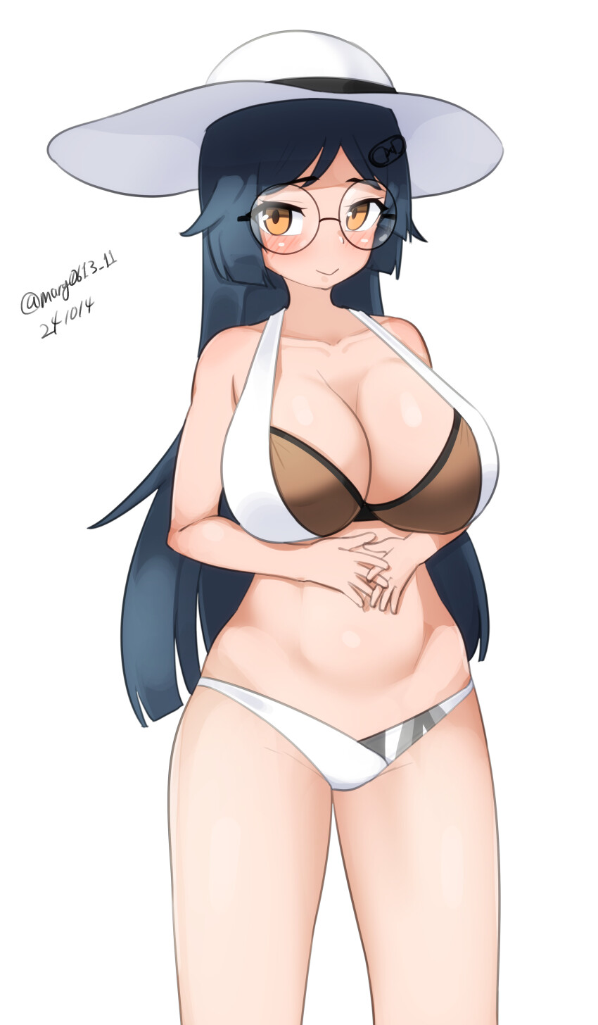 1girl, absurdres, bikini, black_hair, breasts, brown_eyes, cleavage, dated