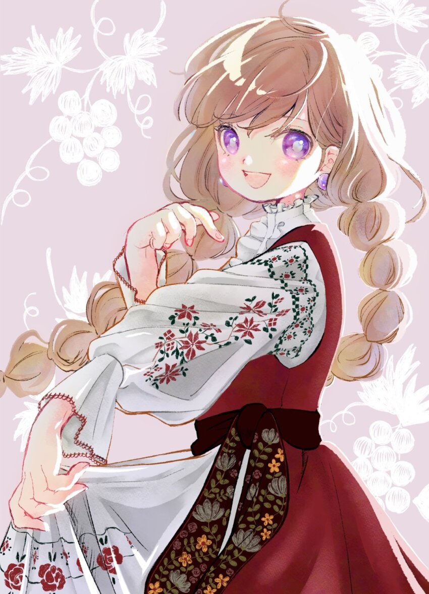 1girl, :d, braid, brown_hair, collar, commentary, dress, earrings