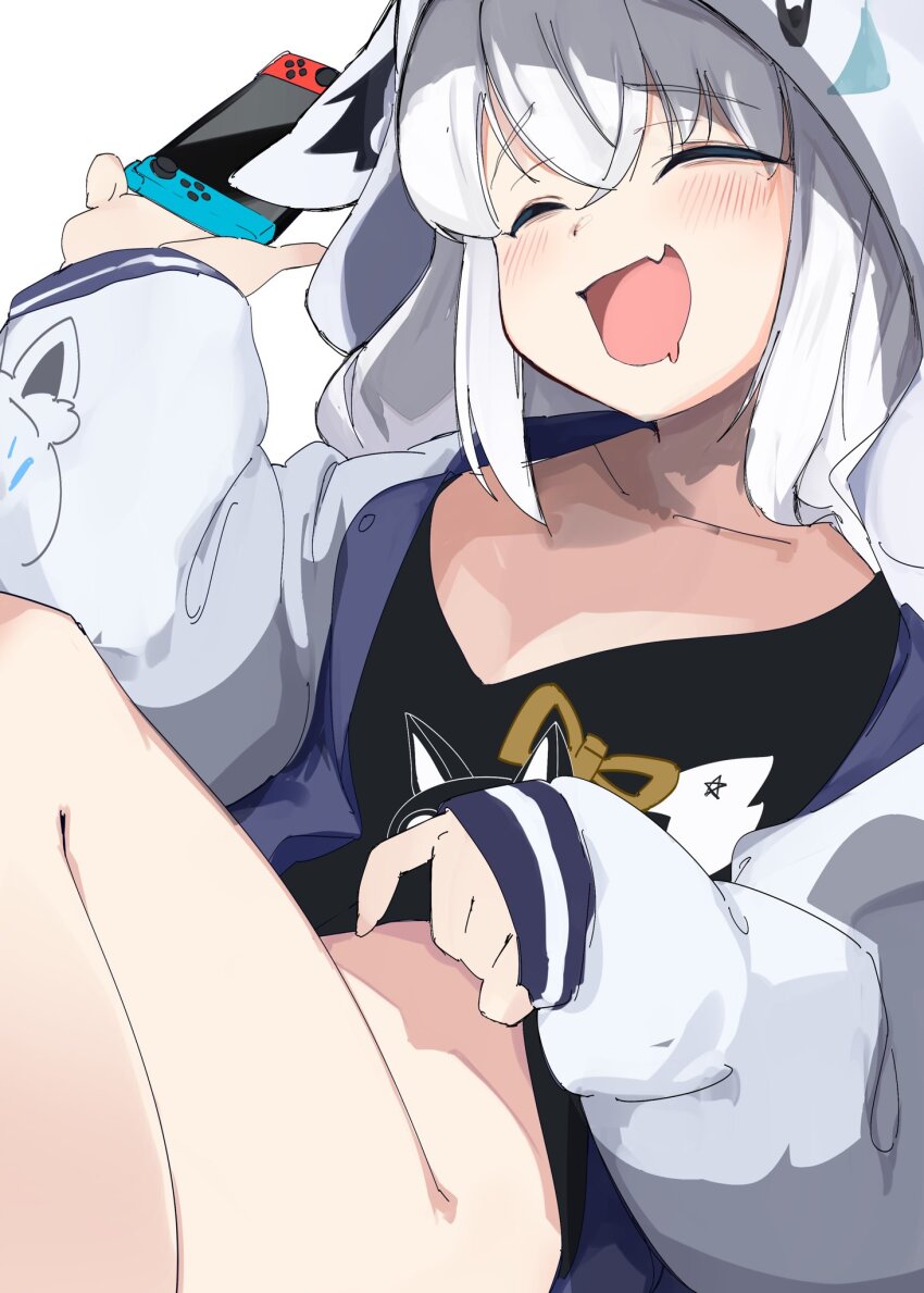 1girl, ahoge, animal_ear_fluff, animal_ears, aqua_eyes, black_shirt, blush, burusuka_(burusuka2525)