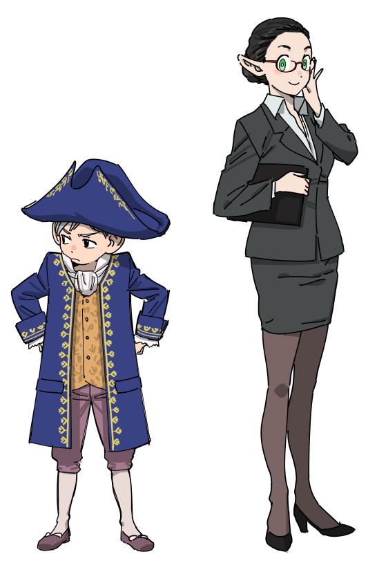 1boy, 1girl, adjusting_eyewear, bicorne, black_footwear, black_hair, black_jacket, black_leggings, black_skirt, blue_hat, blue_jacket, brown_footwear, chilchuck_tims, collared_shirt, cosplay, dungeon_meshi, elf, frilled_wrist_cuffs, frills, frown, full_body, green_eyes, hair_bun, halfling, hands_on_own_hips, hat, ingrid_hunnigan, ingrid_hunnigan_(cosplay), jacket, jinou_rakugaki, leggings, looking_to_the_side, marcille_donato, parody, pencil_skirt, pointy_ears, ramon_salazar, ramon_salazar_(cosplay), resident_evil, resident_evil_4, scarf, shirt, short_hair, shorts, skirt, smile, white_background, white_hair, white_scarf, white_shirt, wrist_cuffs