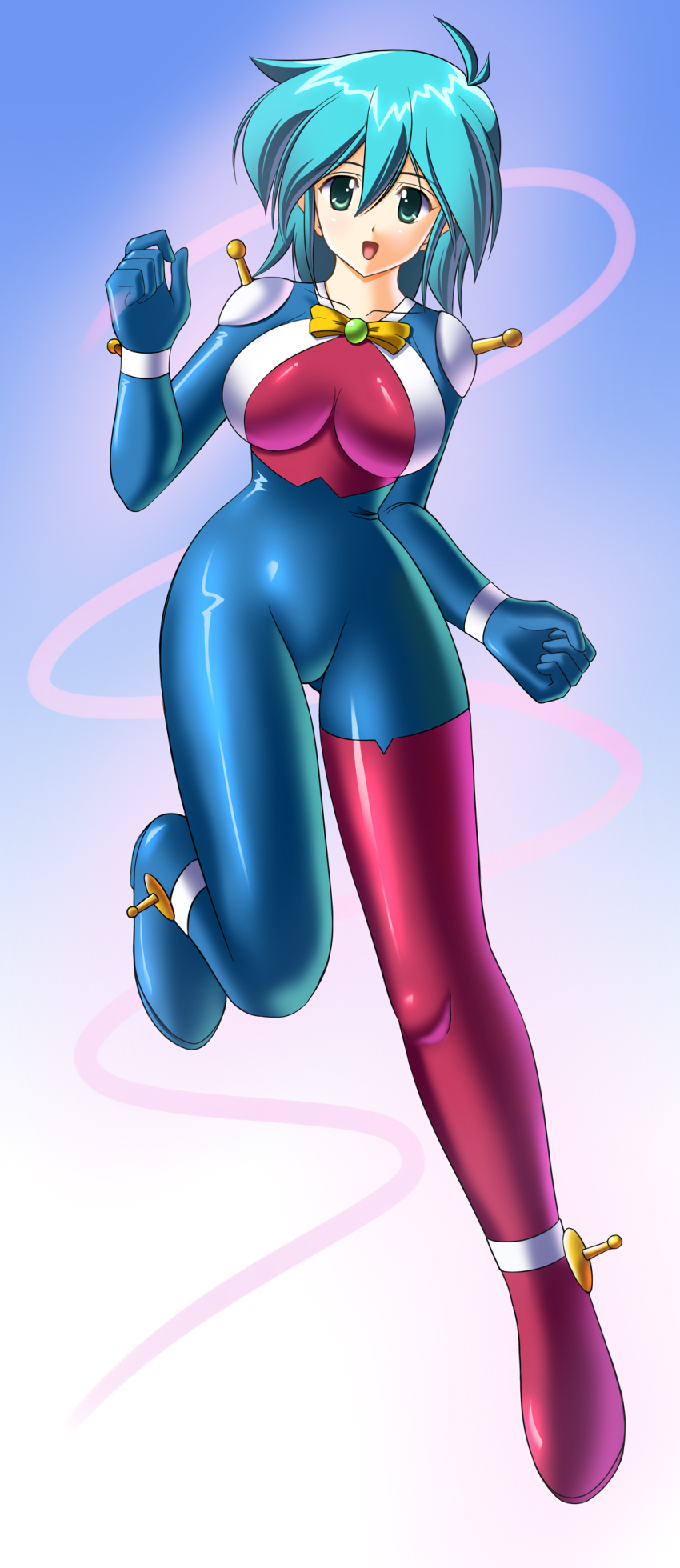 1girl, absurdres, ahoge, allenby_beardsley, aqua_eyes, bad_proportions, blue_hair, bodysuit, bow, breasts, female_focus, full_body, g_gundam, gloves, gradient_background, gundam, highres, large_breasts, legs, mecha_pilot_suit, mobile_trace_suit, ribbon, short_hair, smile, solo, thighs, yakkey