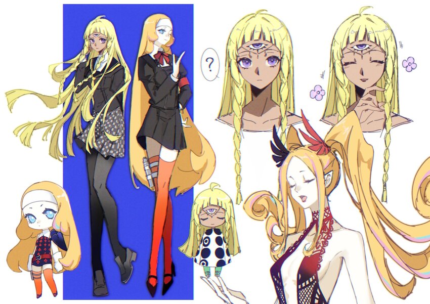 +++, 2girls, ?, anxilotus, arm_behind_back, arm_up, armband, bare_shoulders, belt, black_dress, black_footwear, black_leggings, blonde_hair, blue_eyes, braid, breasts, cloak, closed_eyes, collarbone, dark-skinned_female, dark_skin, dress, eupha_(metaphor:_refantazio), flower, green_leggings, hair_ornament, hand_to_own_mouth, hand_up, headband, highres, holster, junah_(metaphor:_refantazio), layered_sleeves, leggings, long_hair, long_sleeves, metaphor:_refantazio, multiple_girls, multiple_views, one_eye_closed, open_mouth, orange_thighhighs, patterned_clothing, pleated_skirt, purple_eyes, purple_flower, red_armband, red_belt, sideboob, skirt, smile, speech_bubble, spoken_question_mark, thigh_holster, thighhighs, third_eye, twin_braids, twintails, very_long_hair, white_headband