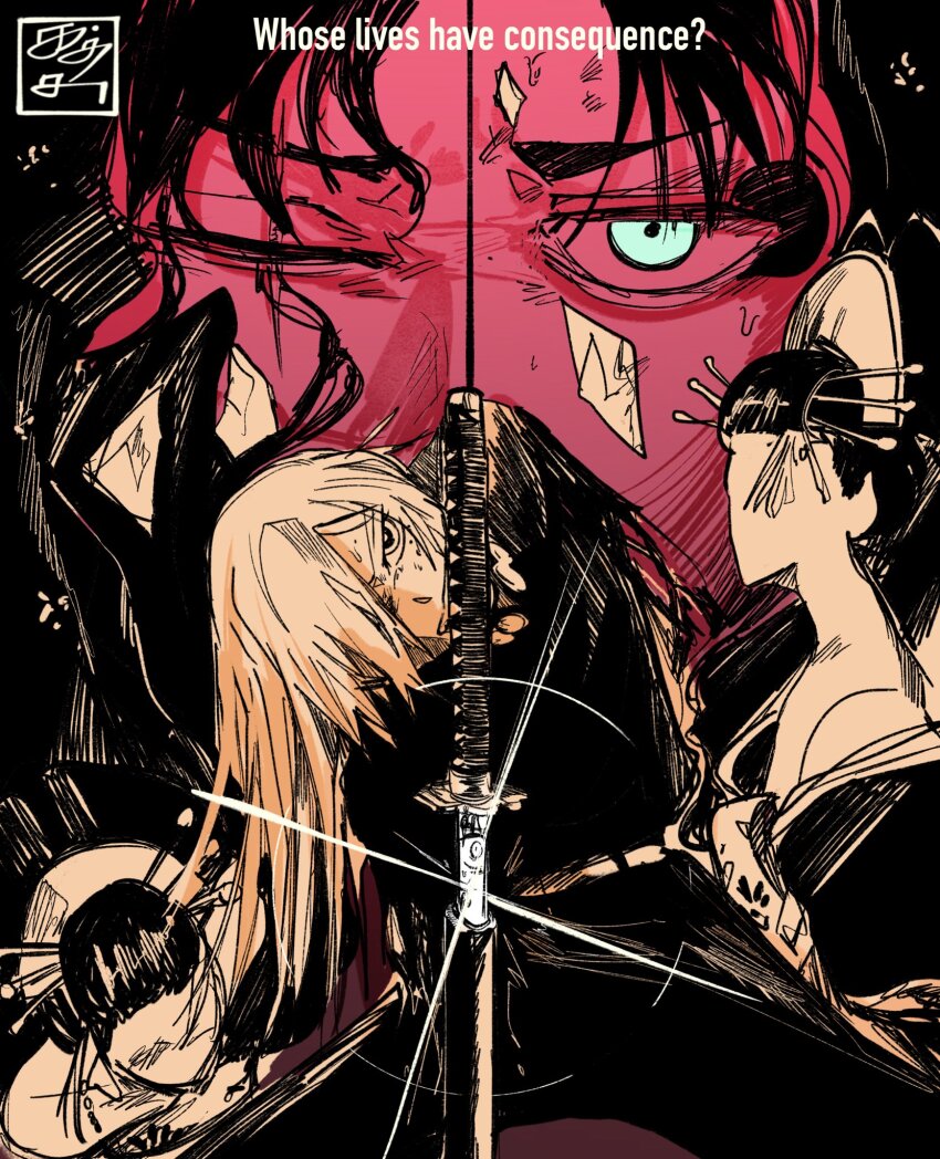 2girls, 3boys, amputee, bleeding, blood, blue_eyes, closed_eyes, hair_over_one_eye