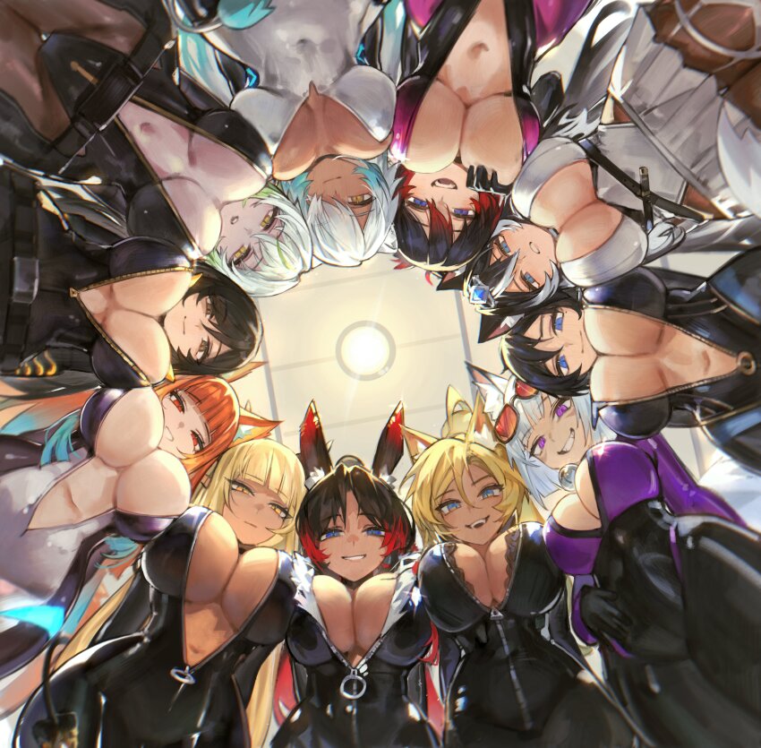 6+girls, absurdres, animal_ears, black_bodysuit, black_hair, blonde_hair, blue_eyes, bodysuit