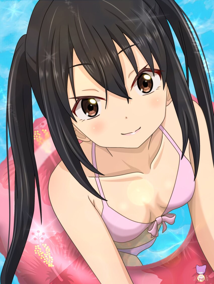 1girl, artist_name, bare_shoulders, bikini, black_hair, blush, breasts, brown_eyes