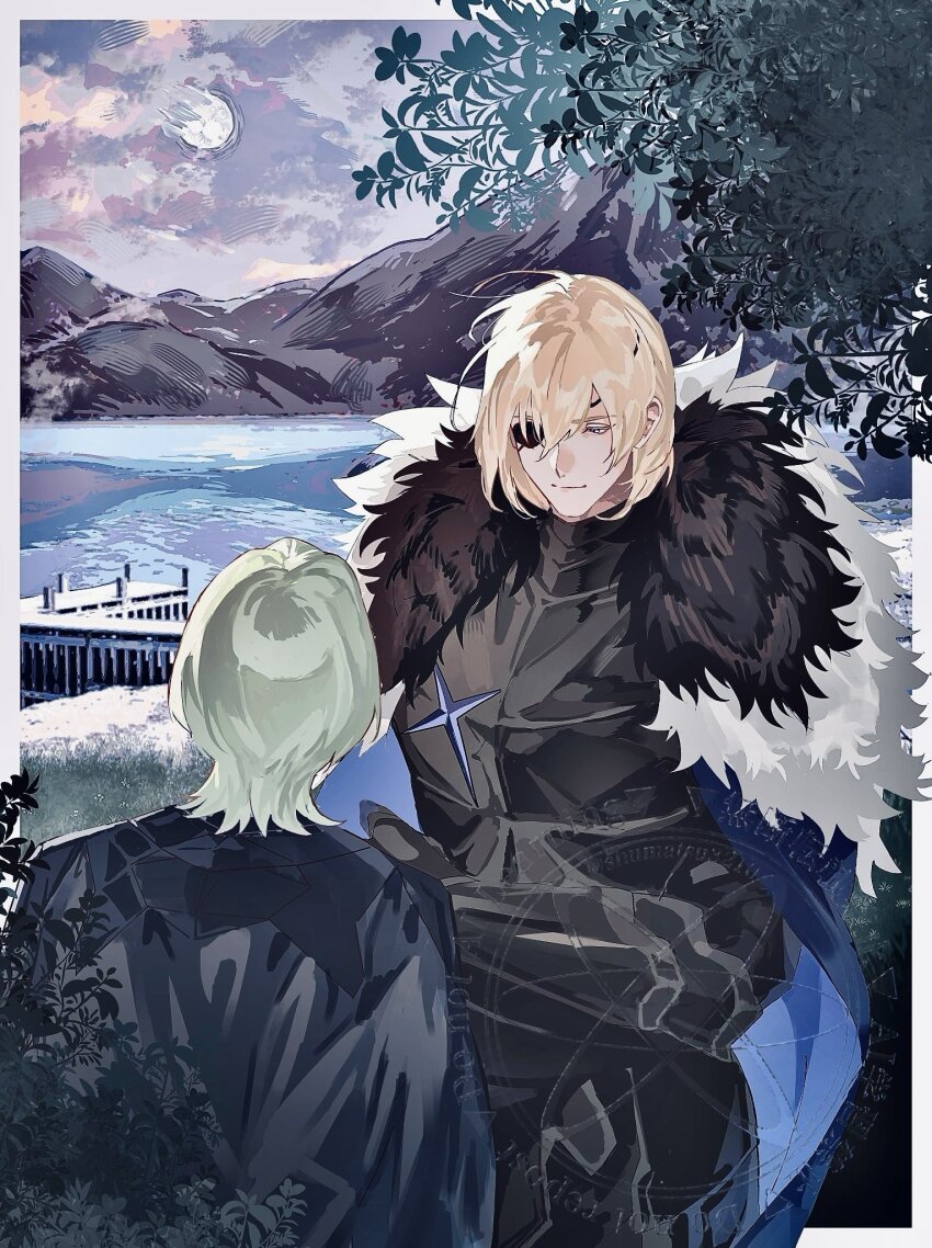 2boys, armor, black_armor, black_cape, black_fur, blonde_hair, blue_cape, blue_eyes