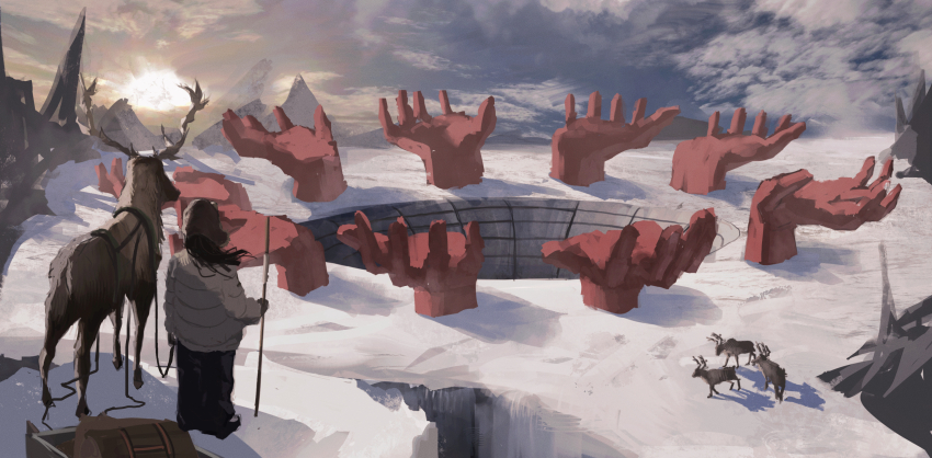 1girl, 2024, absurdres, antlers, armald0, black_hair, cloud, cloudy_sky