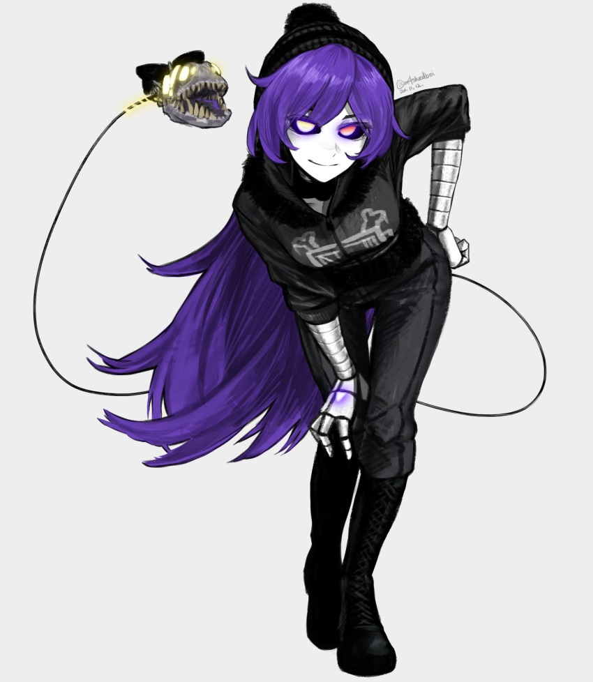 1girl, adapted_costume, aged_up, alternate_costume, android, beanie, black_boots, black_bow