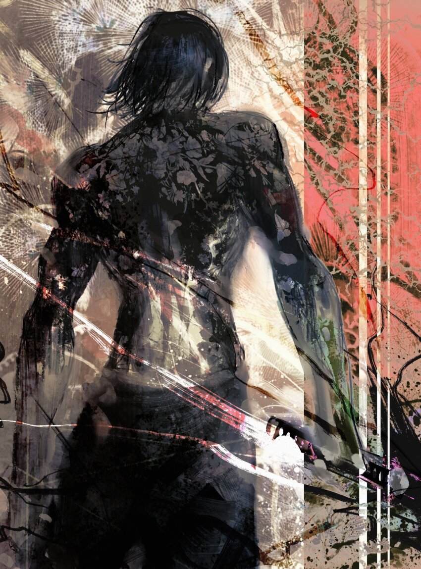 1boy, back_tattoo, black_hair, highres, holding, holding_sword, holding_weapon, ink_splatter