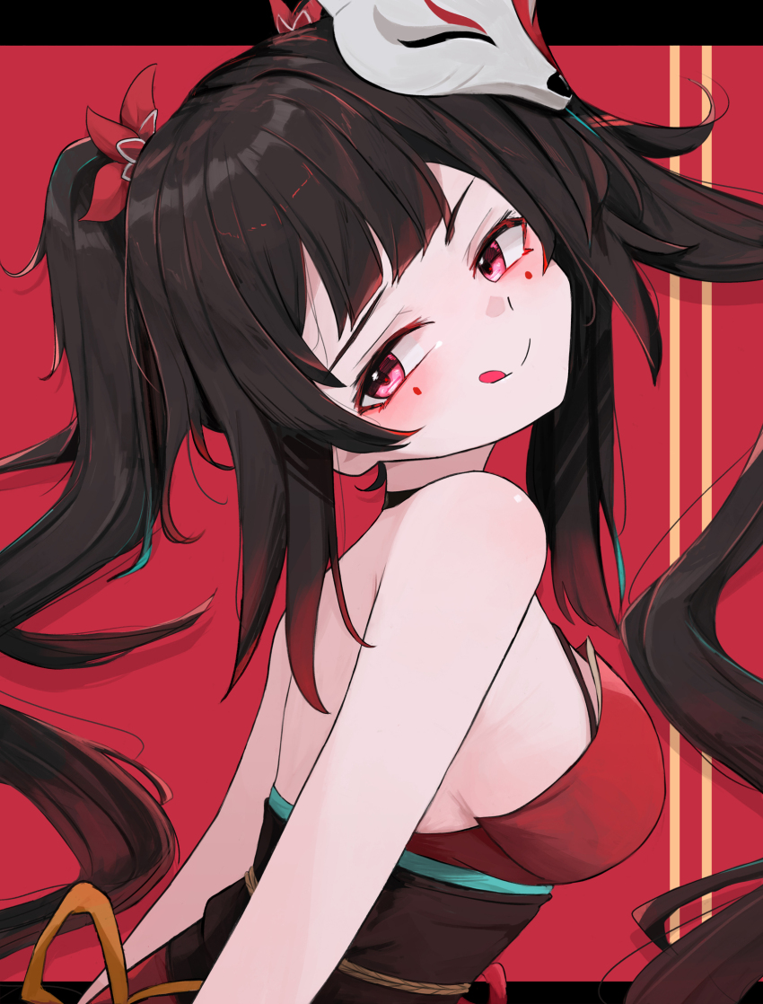 1girl, black_sash, blush, breasts, brown_hair, closed_mouth, commentary, dress, fox_mask, from_side, highres, honkai:_star_rail, honkai_(series), kari90909, long_hair, looking_back, mask, mask_on_head, medium_breasts, mole, mole_under_each_eye, mole_under_eye, multiple_moles, pink_eyes, red_background, red_dress, sash, sideboob, simple_background, smile, solo, sparkle_(honkai:_star_rail), tongue, tongue_out, twintails, very_long_hair
