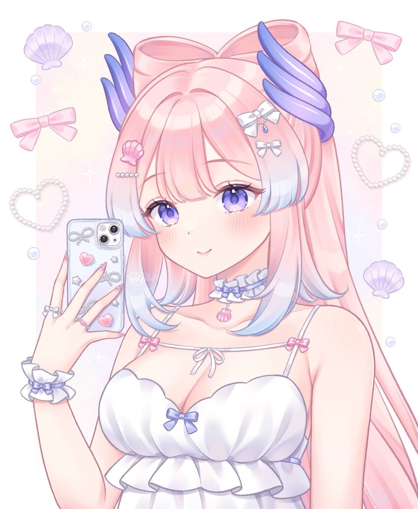 1girl, bare_shoulders, blue_hair, blush, bow, bow-shaped_hair, breasts, cellphone, cleavage, closed_mouth, collarbone, commentary, english_commentary, estelleartss, fingernails, frilled_wrist_cuffs, frills, genshin_impact, hair_bow, hair_ornament, hairpin, highres, holding, holding_phone, light_blue_hair, long_hair, looking_at_viewer, medium_breasts, multicolored_hair, nail_polish, phone, pink_hair, pink_nails, purple_eyes, sangonomiya_kokomi, smile, solo, upper_body, very_long_hair, white_bow, white_wrist_cuffs, wrist_cuffs