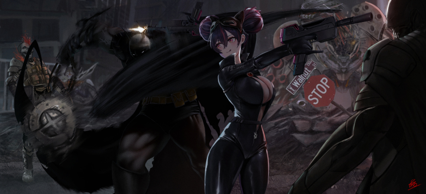 1girl, 3boys, absolute_batman, absolute_dc, armor, bao_(pixiv_99415611), batman, batman_(series), black_bodysuit, black_hair, black_mask_(batman), bodysuit, breasts, cape, cleavage, commentary, crossover, curvy, dc_comics, double_bun, english_commentary, goddess_of_victory:_nikke, gun, hair_bun, highres, holding, holding_gun, holding_weapon, large_breasts, mask, mask_on_head, mecha, motion_blur, multiple_boys, outdoors, punching, quency_(escape_queen)_(nikke), quency_(nikke), road_sign, robot, shield, sign, skull_mask, standing, stop_sign, trait_connection, weapon, wide_hips, yellow_eyes