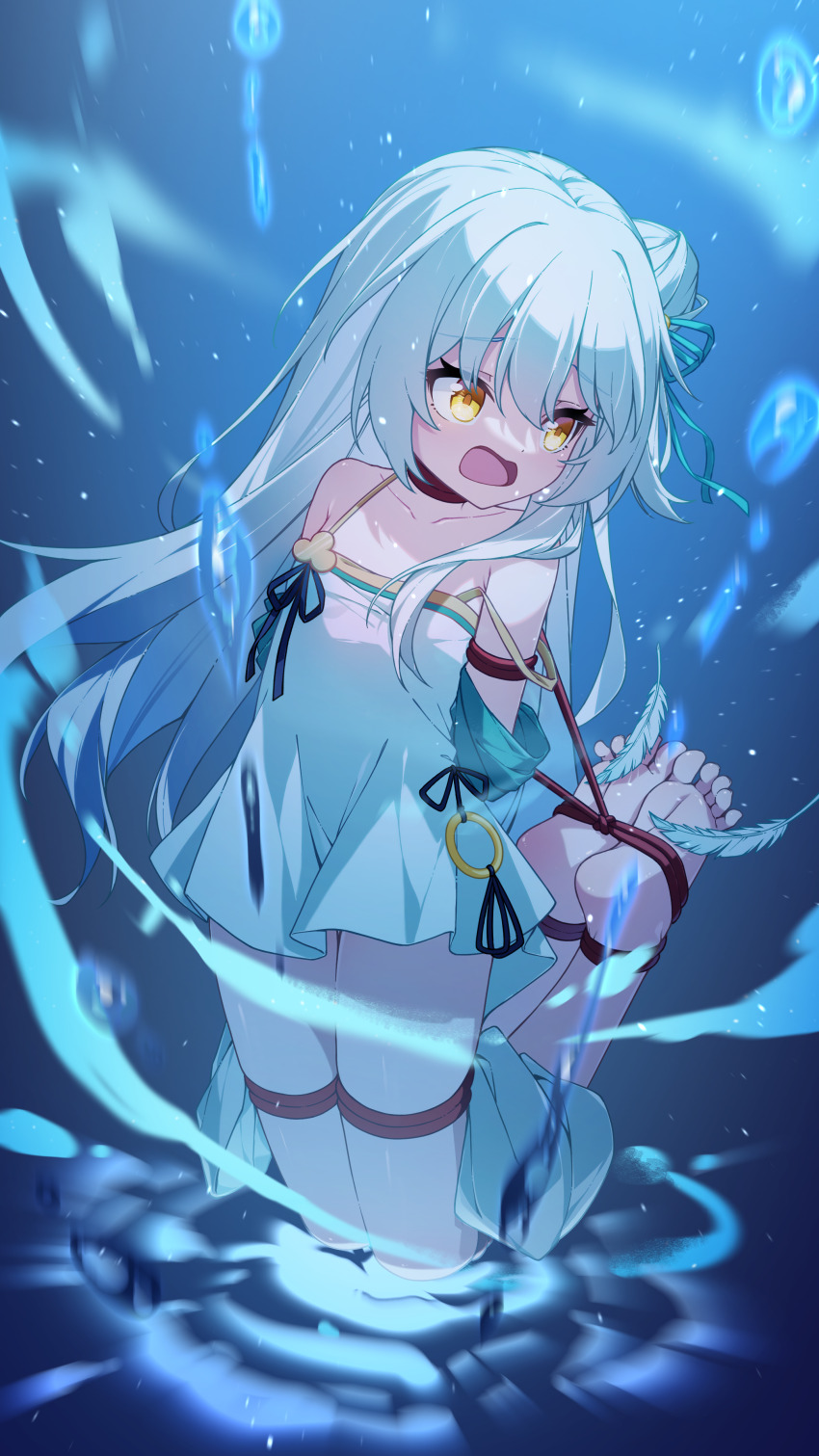 1girl, absurdres, ai_si_te_yisheng_tui, barefoot, blue_hair, chinese_clothes, dress, feathers