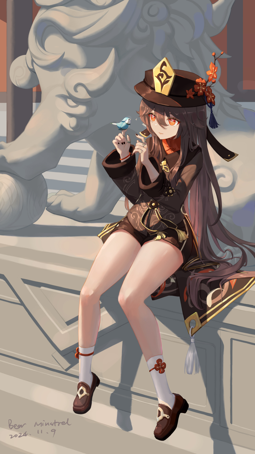 1girl, absurdres, artist_name, bear_minstrel, bird, bird_on_hand, black_nails, bracelet