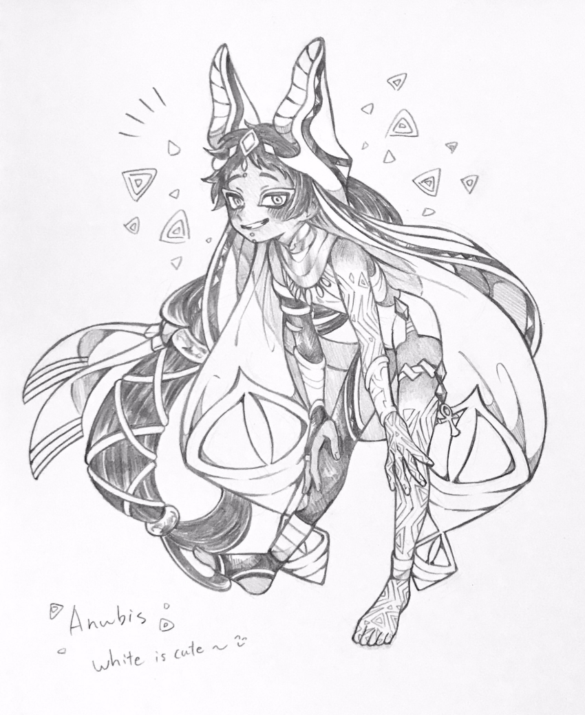 1boy, absurdly_long_hair, alternate_costume, ancient_egyptian, ancient_egyptian_clothes, animal_ears, animal_head, animal_helmet, ankh, anklet, anubis_(shuumatsu_no_valkyrie), arm_tattoo, armlet, barefoot, black_bridal_gauntlets, blush, bodysuit, bridal_gauntlets, character_name, chin_piercing, diamond_(shape), egyptian, english_text, face_piercing, foot_tattoo, full_body, hair_ornament, hands_on_knee, headdress, helmet, highres, hojicha, jackal_boy, jackal_ears, jewelry, leg_tattoo, long_hair, looking_at_viewer, male_focus, piercing, ponytail, shorts, shuumatsu_no_valkyrie, side_slit, side_slit_shorts, single_bridal_gauntlet, single_thighhigh, sleeveless, sleeveless_bodysuit, smile, smirk, solo, tattoo, teeth, thigh_strap, thighhighs, usekh_collar, very_long_hair