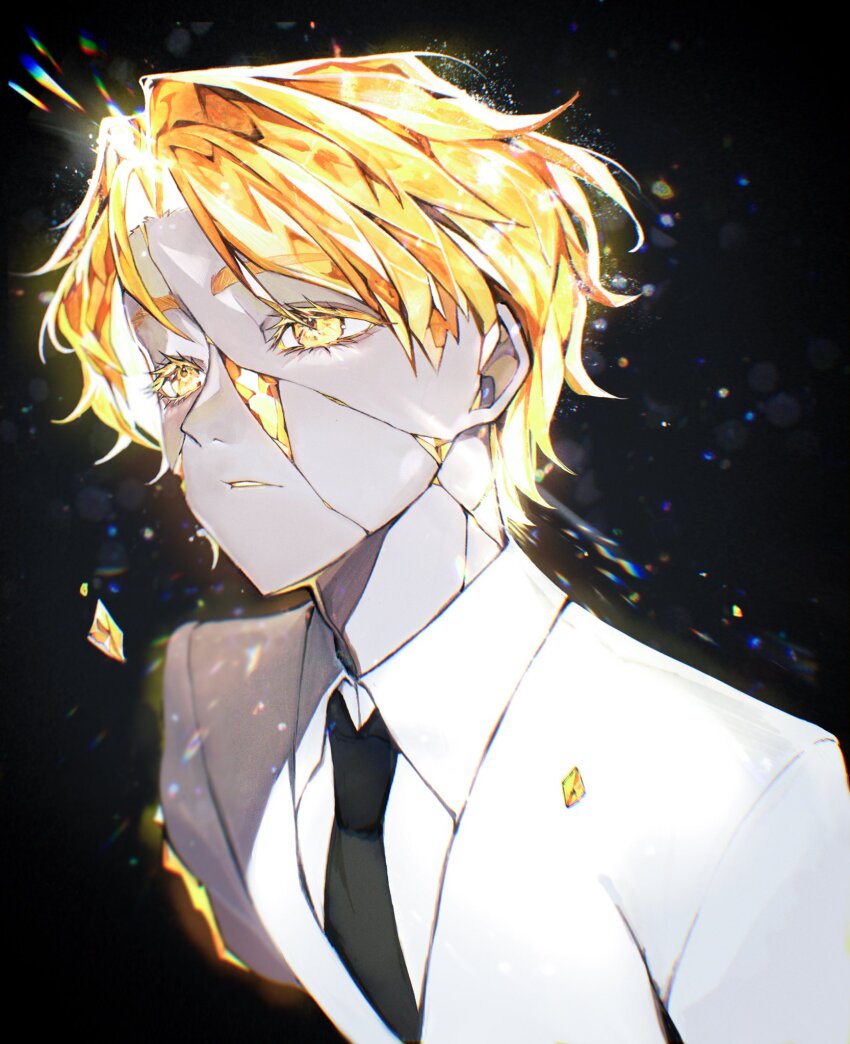 1boy, 4tsuba_kuma, alien_stage, black_background, black_necktie, blonde_hair, collared_shirt, colored_eyelashes