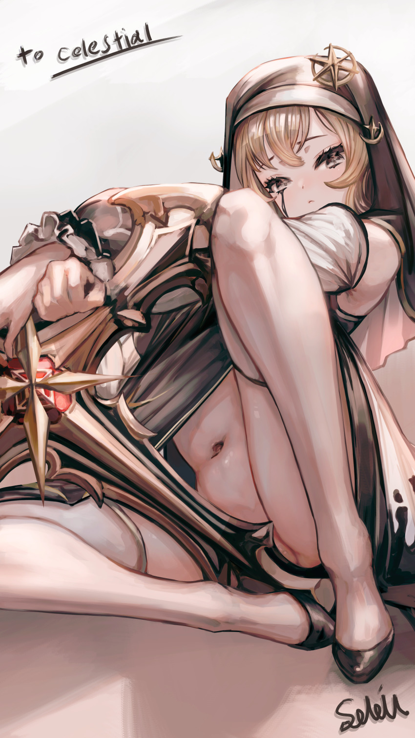 1girl, absurdres, black_dress, black_footwear, black_tears, blonde_hair, celestine_(letmebid), closed_mouth