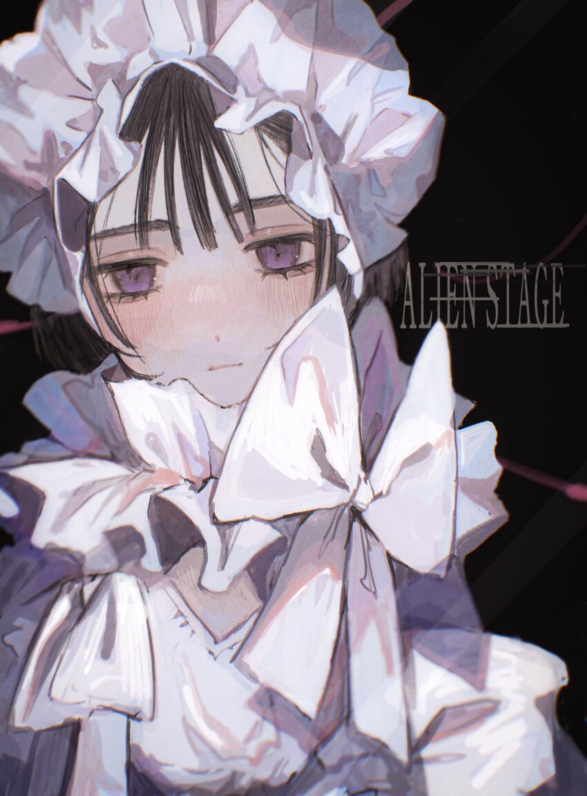 1girl, 4tsuba_kuma, aged_down, alien_stage, black_background, black_hair, bonnet, collar