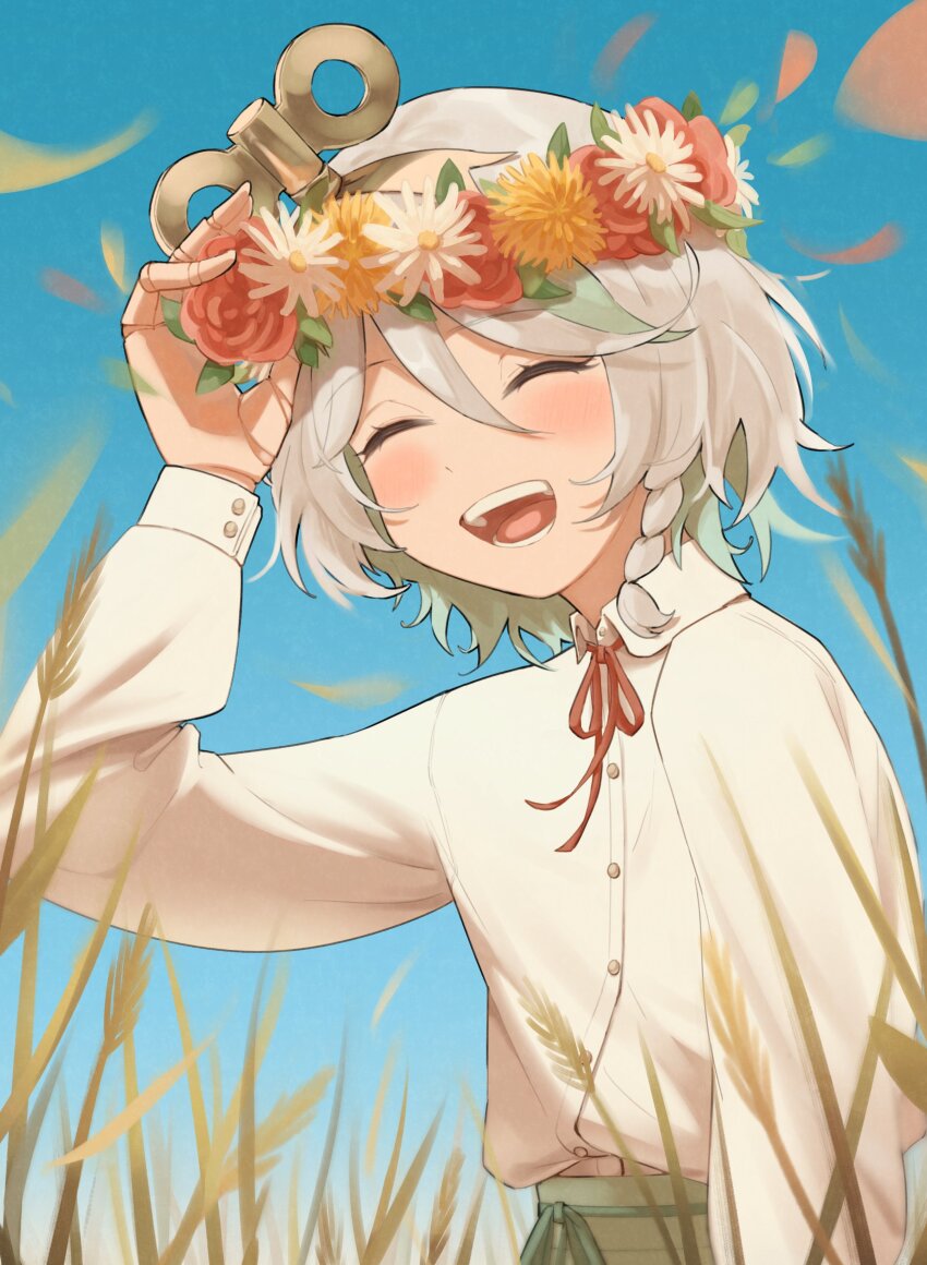 1girl, absurdres, alternate_costume, braid, cecilia_immergreen, closed_eyes, doll_joints, grey_hair