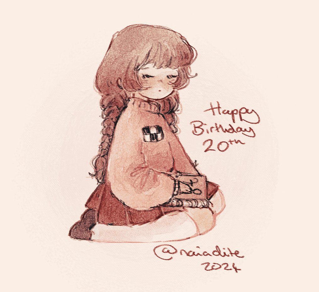 1girl, anniversary, blush, book, braid, brown_hair, closed_eyes, closed_mouth, commentary, dated, diary, english_commentary, english_text, expressionless, full_body, madotsuki, naiadite, nose_blush, pink_sweater, pleated_skirt, print_sweater, red_skirt, seiza, sitting, skirt, solo, sweater, twin_braids, yume_nikki