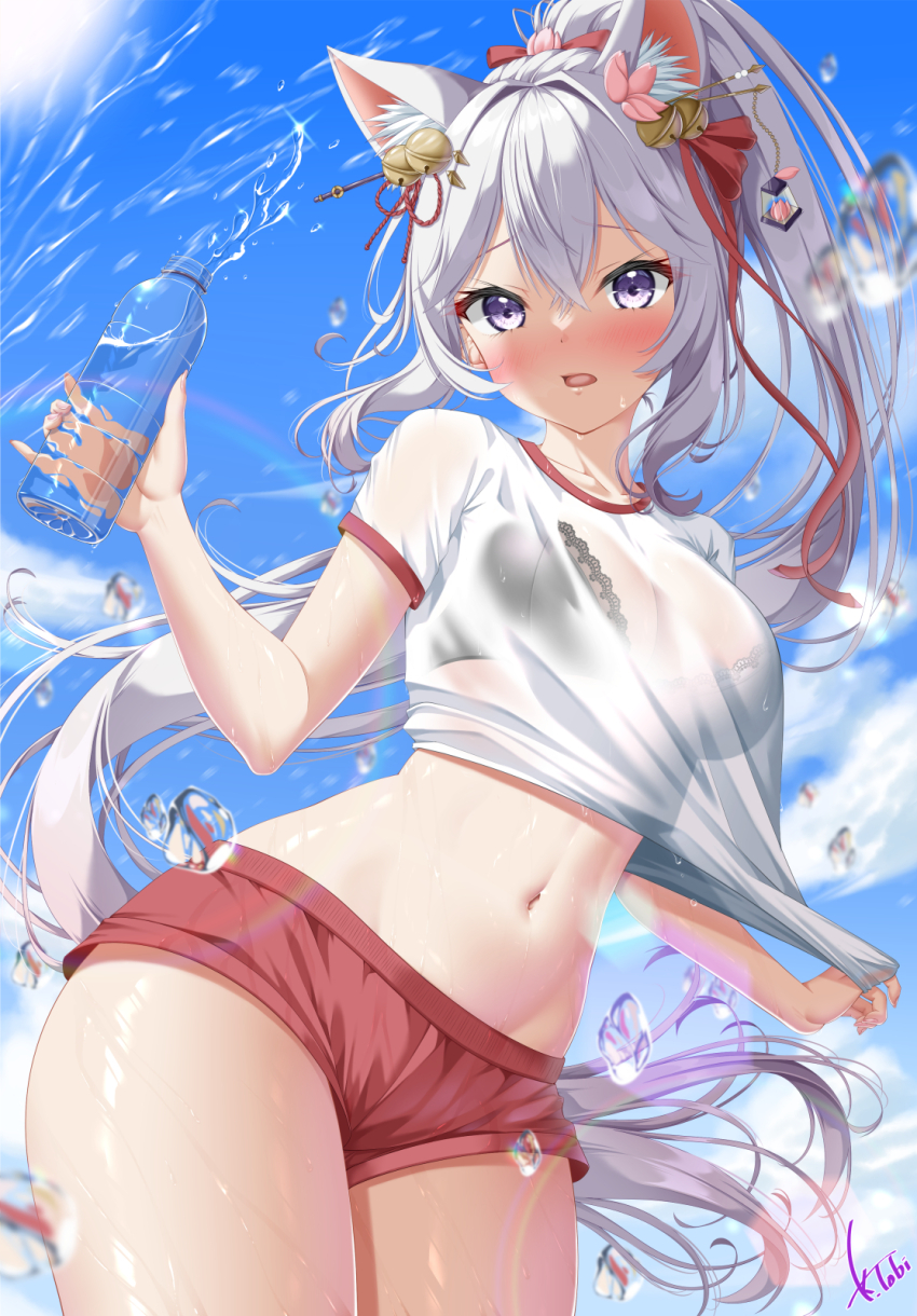 1girl, animal_ear_fluff, animal_ears, bell, black_bra, blush, bottle, bow, bowtie, bra, bra_visible_through_clothes, breasts, cat_ears, cleavage, clothes_pull, collarbone, commission, contrapposto, cowboy_shot, dolphin_shorts, gym_uniform, hair_bell, hair_ornament, hair_tie, high_ponytail, highres, holding, holding_bottle, indie_virtual_youtuber, kogarashi_tobi, lantern_hair_ornament, large_breasts, long_hair, looking_at_viewer, miyu_senpai, navel, outdoors, ponytail, pulling_own_clothes, purple_eyes, red_ribbon, red_shorts, ribbon, see-through_cleavage, see-through_clothes, shirt, shirt_pull, shorts, signature, skeb_commission, solo, splashing, thighs, underwear, very_long_hair, virtual_youtuber, water_bottle, water_drop, wavy_hair, wet, wet_clothes, wet_shirt, wet_shorts, white_hair, white_shirt