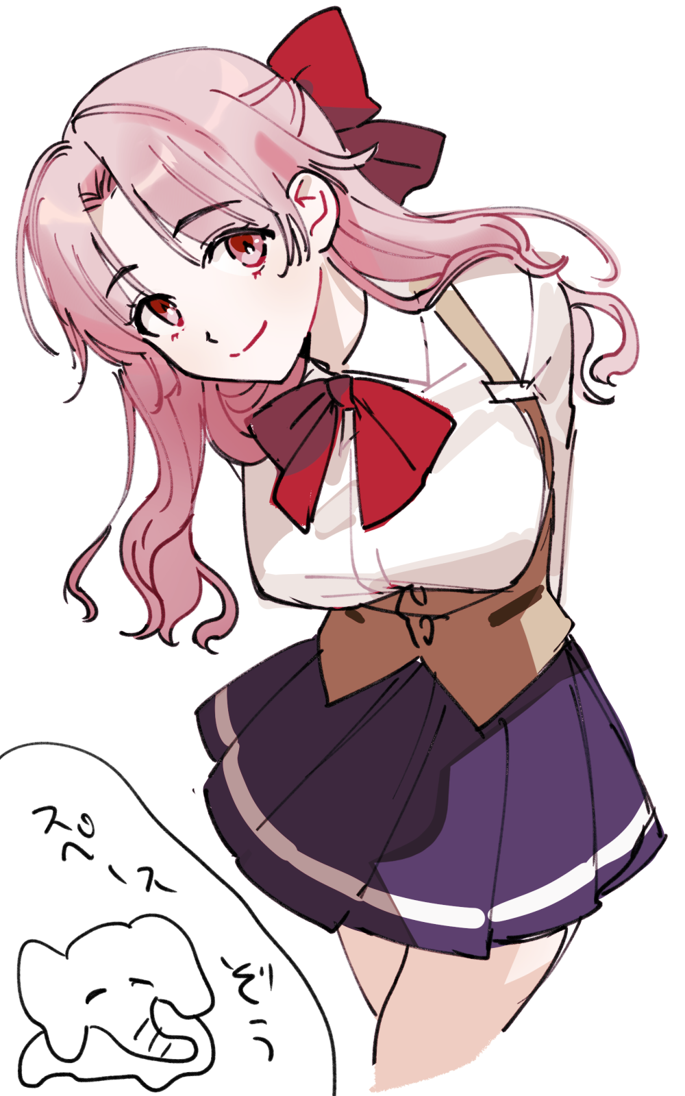 1103sns, 1girl, arms_behind_back, bow, breasts, brown_vest, cropped_legs, curtained_hair, doodle_inset, hair_bow, hair_over_shoulder, half_updo, head_tilt, highres, large_breasts, leaning_forward, long_hair, looking_at_viewer, neck_ribbon, pink_eyes, pink_hair, pleated_skirt, purple_skirt, red_bow, red_ribbon, ribbon, sayonara_wo_oshiete, school_uniform, shirt, simple_background, skirt, smile, solo, standing, ueno_koyori, vest, white_background, white_shirt